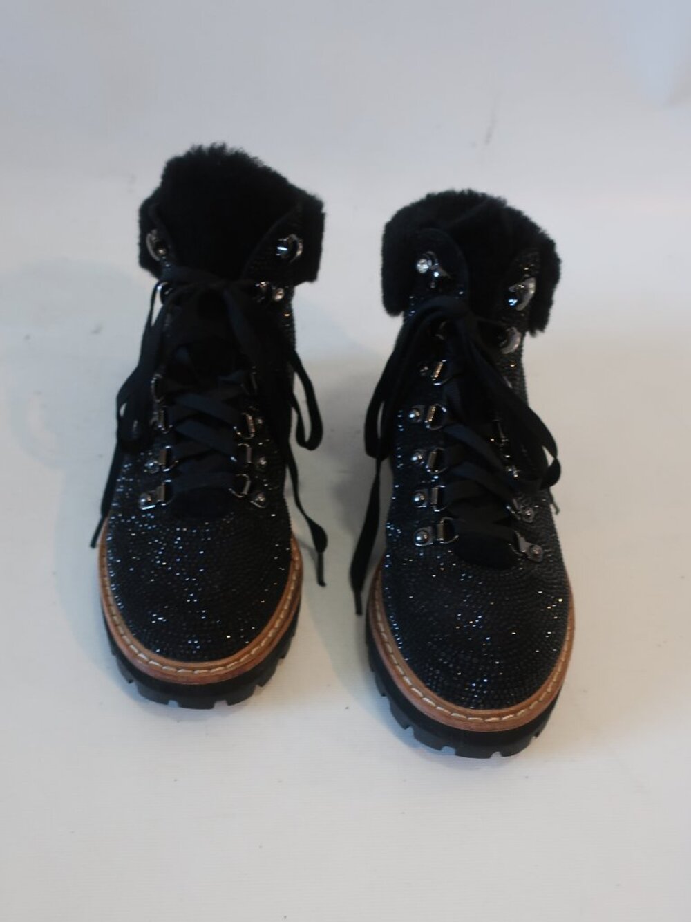 Womens Lola Cruz Black Rhinestone Faux Fur Trim Ankle Combat Booties 38 US/8